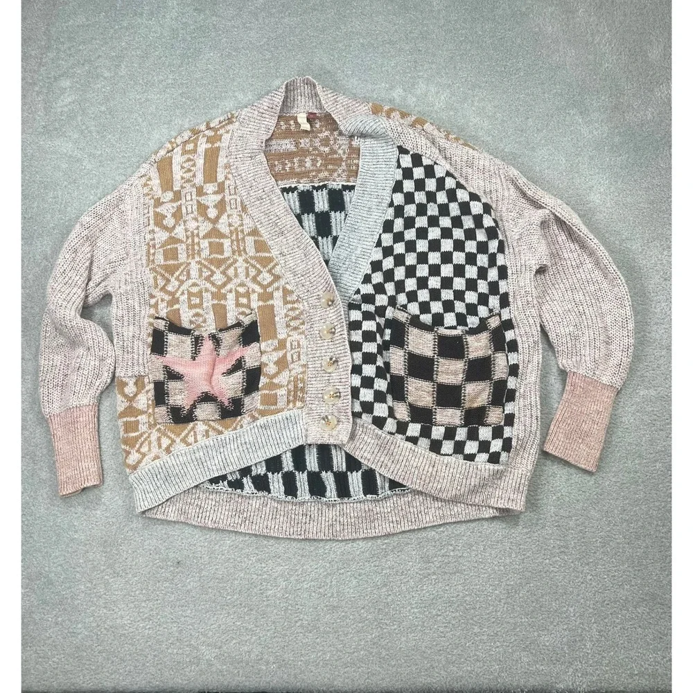 Pilcro Mash Up Sweater Cardigan Anthropologie Mix Patchwork Star Checkerboard S